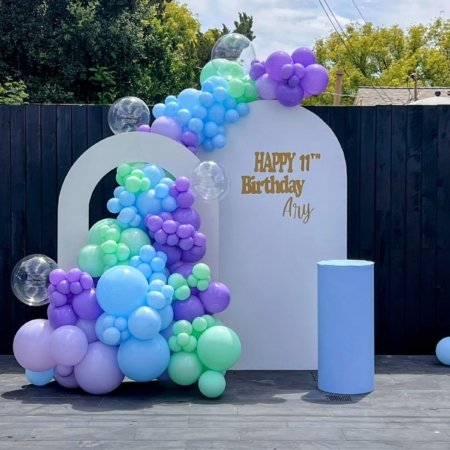 Blue Purple Balloon Two Stand Backdrop Rental in Dubai