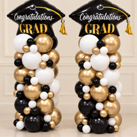 Graduation Balloon Tower Pair – Black, White & Gold
